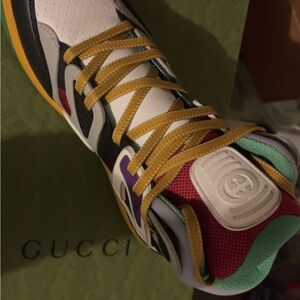 Gucci White Leather Sneaker with Yellow Laces and Multicolor Accents